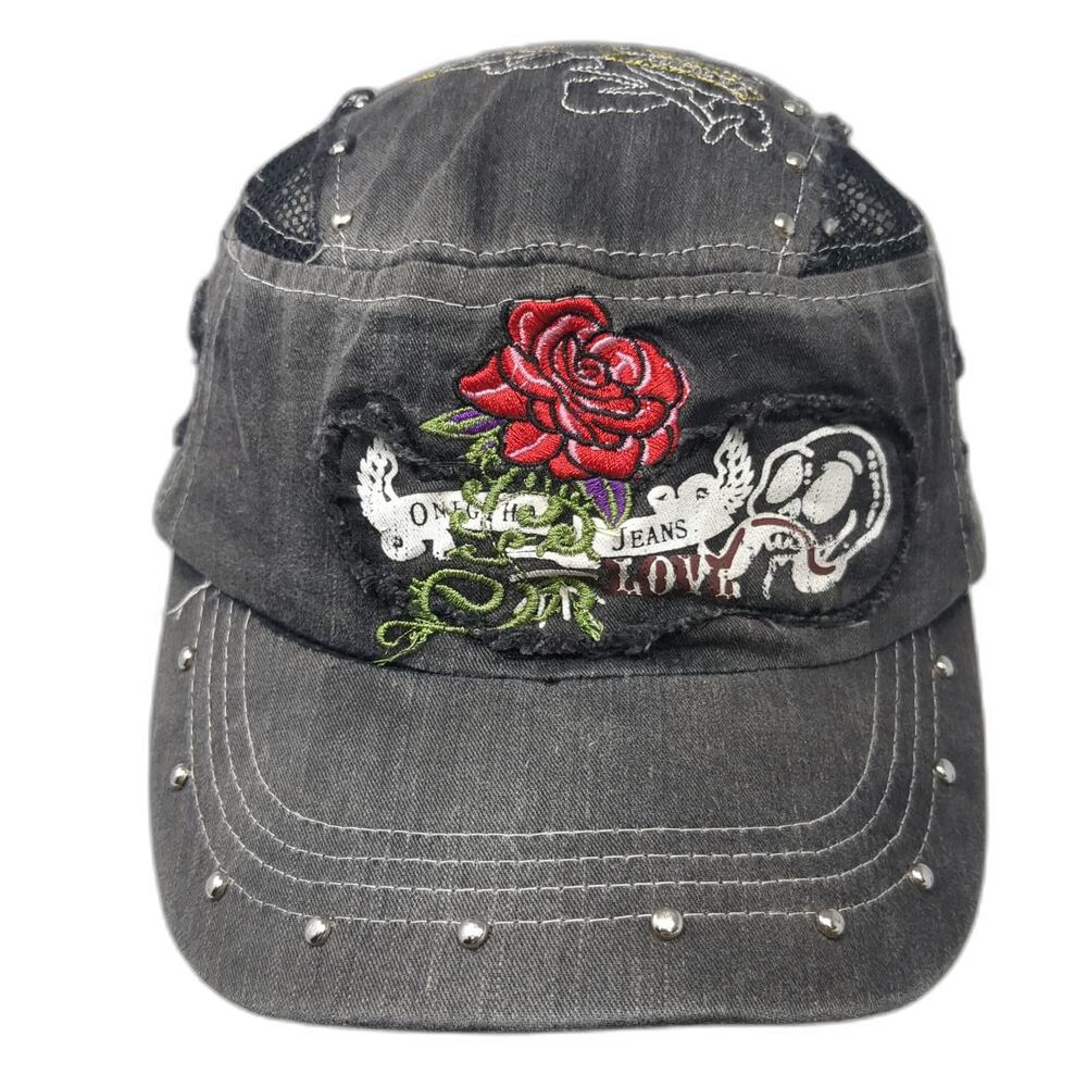 One Hand Jeans Army Cap Gray One Size Hat Mesh Distressed Rose Skull Slideback
